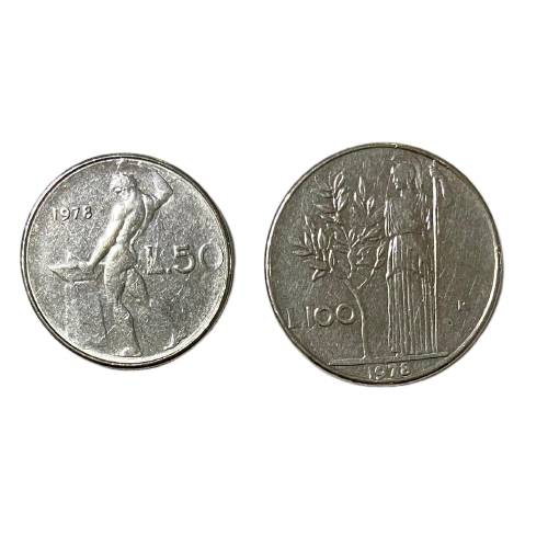 Lote 2 moedas da Itália - 50 e 100 liras - Ano 1978 - MBC - Moeda colecionável