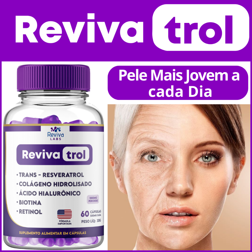 RevivaTrol - Pele Perfeita. Suplemento com Resveratrol Trans, Ácido Hialurônico, Colágeno Peptídeos Bioativos (Verisol), Retinol, Biotina, Vitamina C. 100% Natural. Contém 60 Capsulas com 1000 mg por dose.