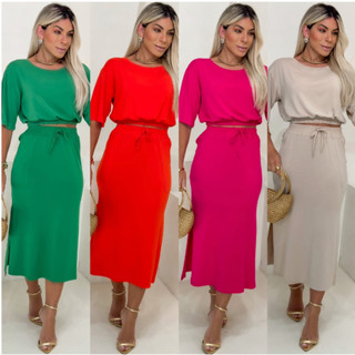 Conjunto Feminino Liso Fresquinho Saia Midi + Blusa Com Elastano
