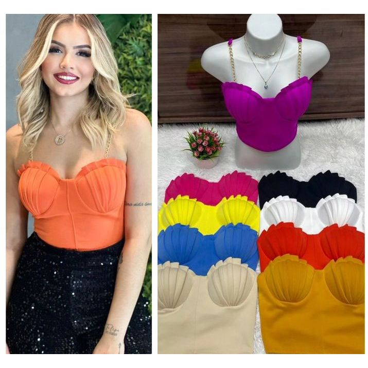 Cropped com bojo alça blusinha Neoprene modelo concha moda blogueira