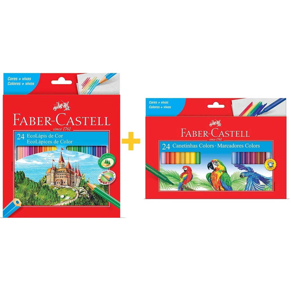 Kit Lápis De Cor Faber Castell 24 Cores + Canetinha Hidrográfica 24 Cores Faber Castell