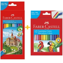 Kit Lápis De Cor Faber Castell 12 Cores + Canetinha Hidrográfica 12 Cores Faber Castell