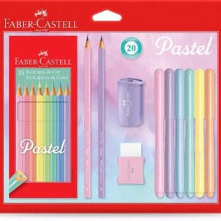 Kit Escolar Tons Pastel Faber Castell 10 de Cor + 6 Canetinhas + Borracha + Apontador e 2 Lápis em Oferta na Shopee