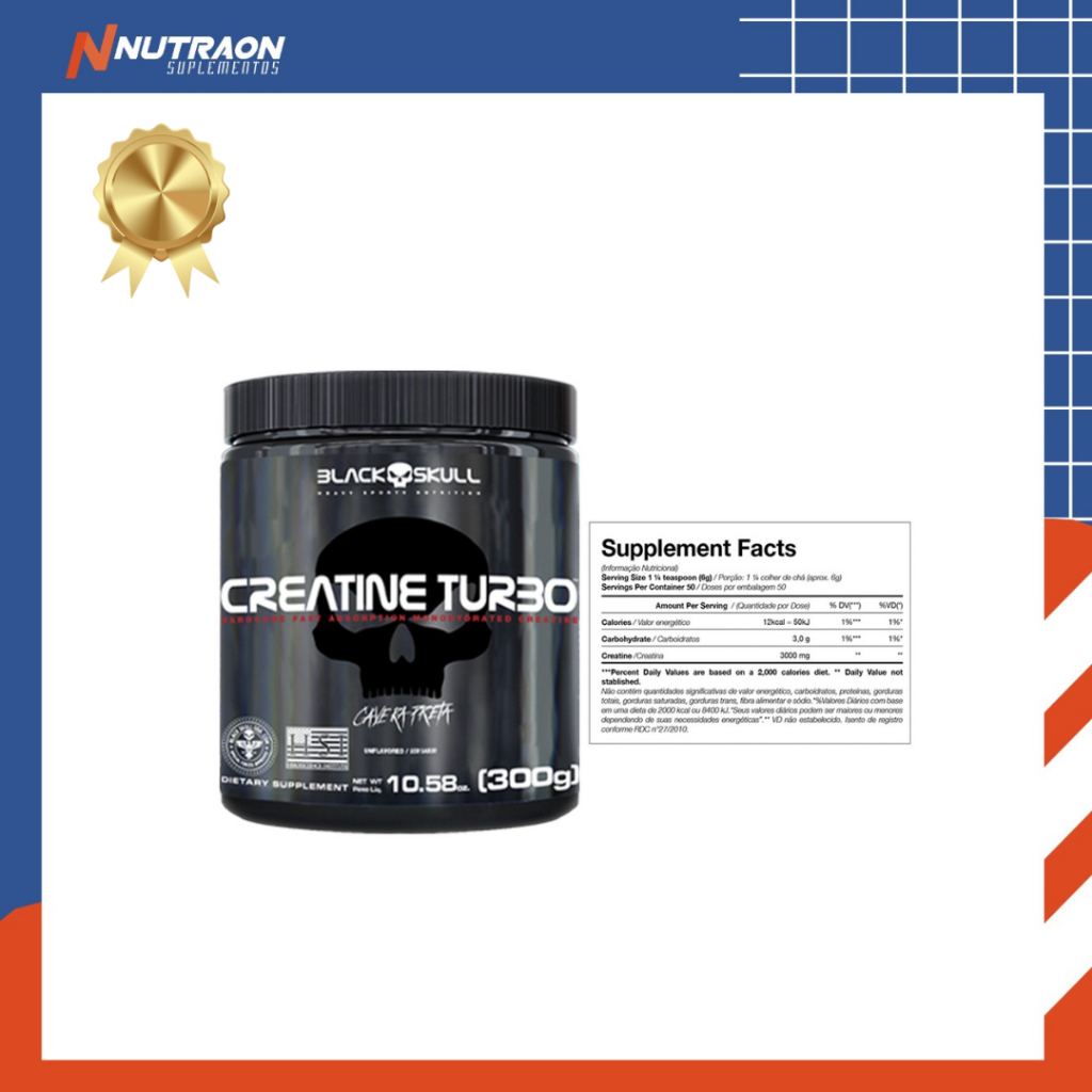 Creatina Turbo Black Skull de 300g Original - Creatine Monohidratada Caveira Preta Series