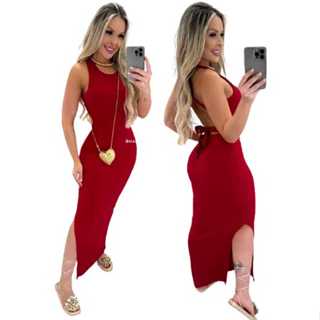 Vestido canelado longo midi tubinho com fenda amarrar nas costas