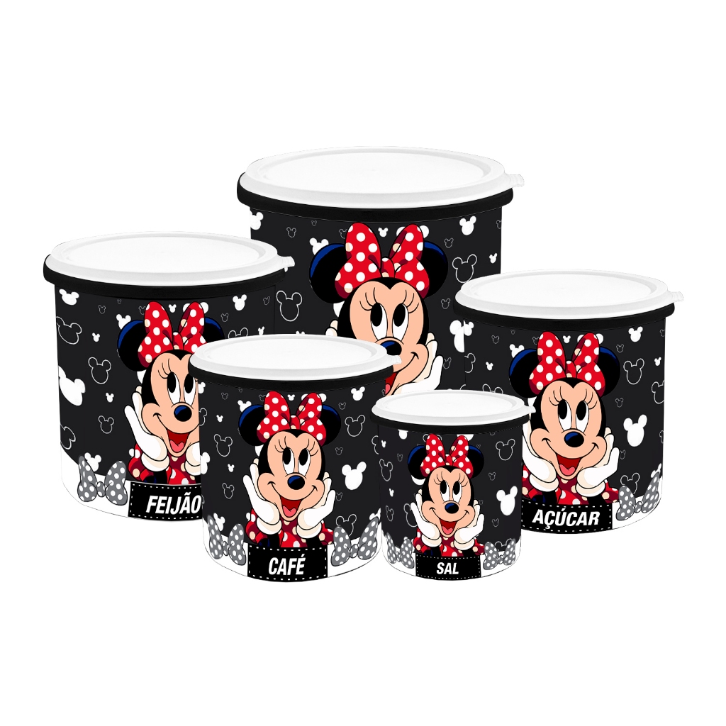 Kit 5 Potes de Mantimentos Plástico Decorado Linha Minnie