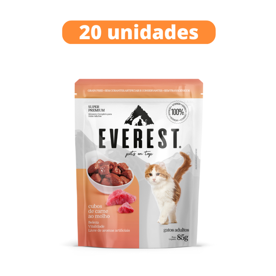 Sachê de Ração Úmida Para Gatos Sabor Carne Super Premium Everest 85gr Caixa com 20 unidades