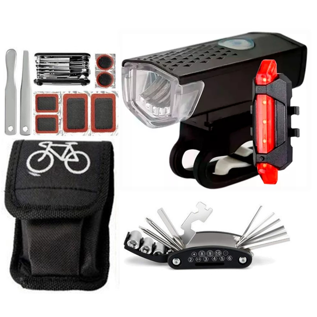 kit Farol lanterna + Pisca Traseiro Usb Recarregável + Kit reparo Ferramentas. Manutenção Remendos  Pneus Bike Bolsa + chaves