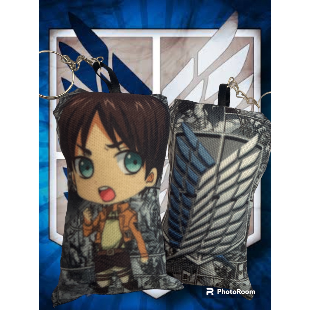 Chaveiro almofada Eren Yeager, Levi Ackerman e Mikasa Ackerman anime shingeki no kyojin attack on titan almofadado kawaii