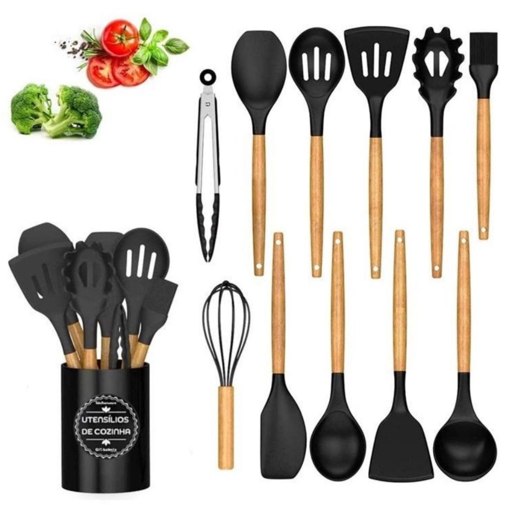 KIT de Utensílios Para Cozinha em Silicone e Bambu 12 Peças