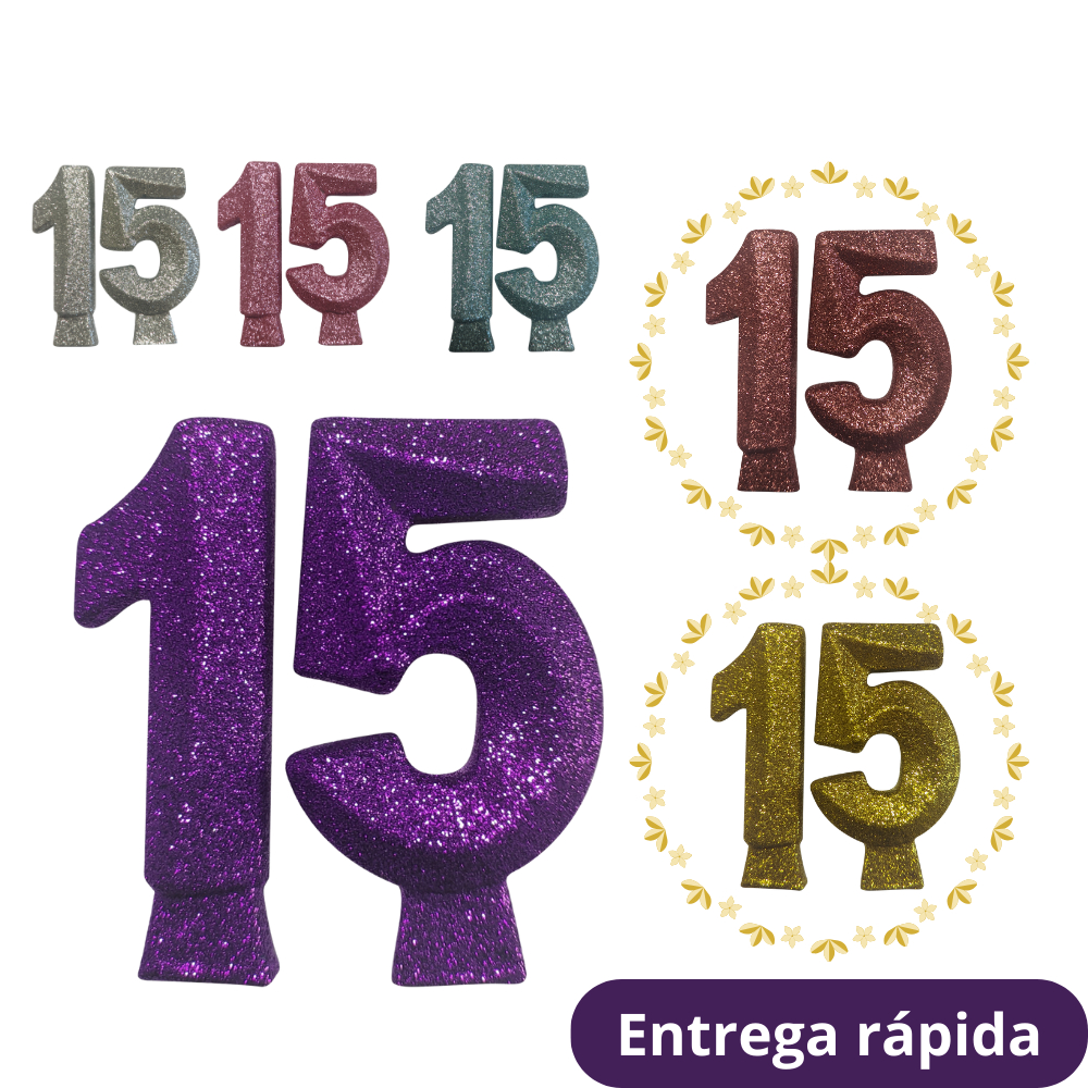 Vela de Aniversário 15 Anos Gold Glitter Dourada Prata Rosa Claro Rose Gold Tiffany ou Roxa