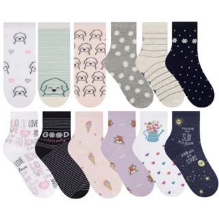 Kit 12X Pares Meia Feminina Cano Médio Estampas Divertida - Selene