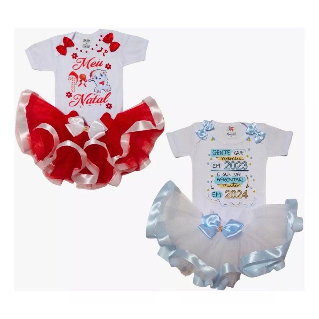 Kit Fantasia Roupa Meu Primeiro Natal E Ano Novo Infantil Papai Noel Menina Bebê Infantil Body e Saia