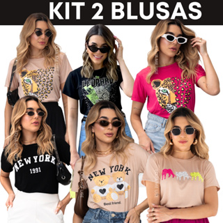 Kit 2 Blusa T-shirt Feminina Camiseta Manga Curta em Oferta na Shopee