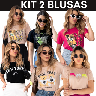 Kit 2 Blusa T-shirt Feminina Camiseta Manga Curta