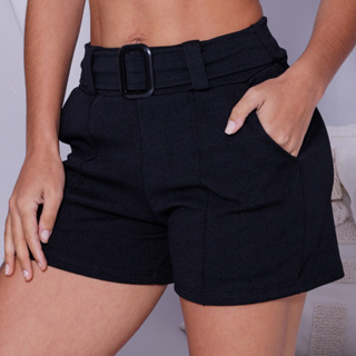 Shorts Feminino Fivela Curto Cintura Alta Malha Crepe possui Bolso Elastano bermuda detalhe frontal em Oferta na Shopee