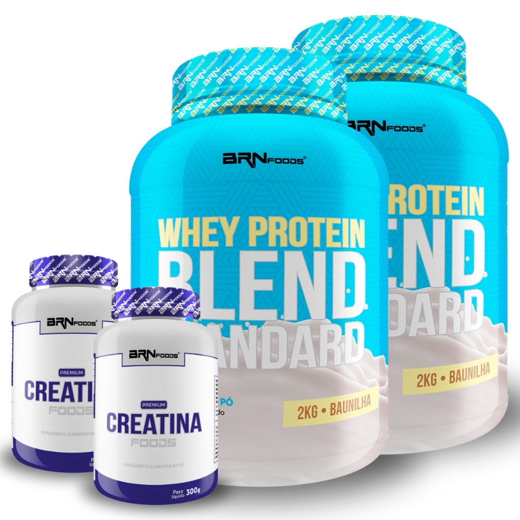 Kit 2x Whey Protein Blend Standard 2kg + 2x Premium Creatina 300g - BRN Foods Kit para aumento de massa muscular e força