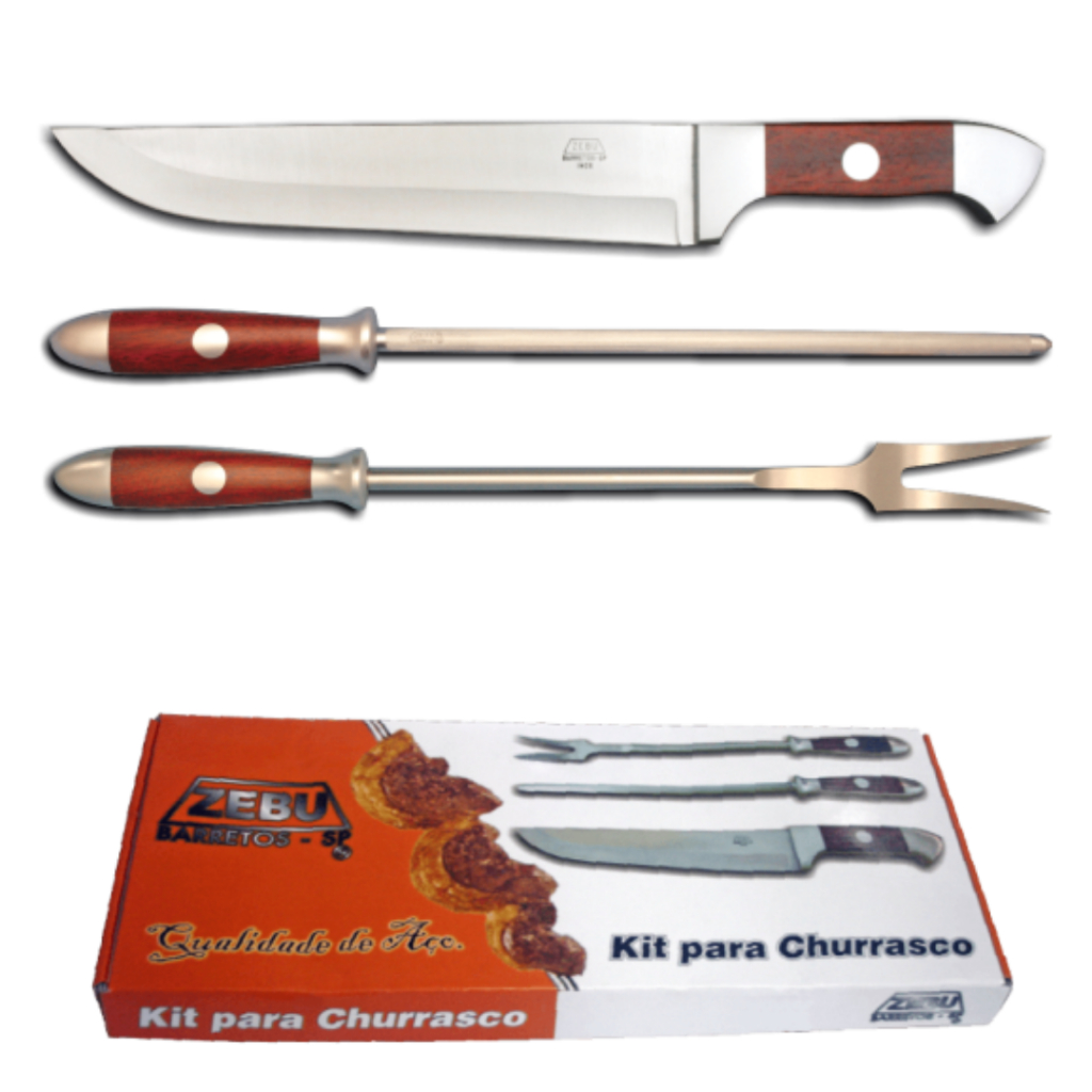 Kit Churrasco Inox Original Zebu Barretos 3 peças - Faca - Chaira - Garfo