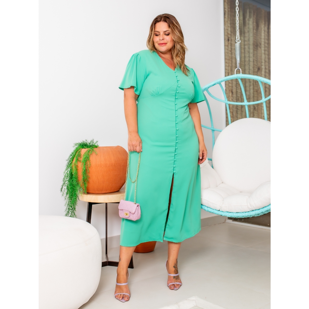Vestido Midi Feminino Plus Size Elegante com Fenda, Botões e Forro Tamanhos Moda Luxo