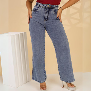 Calça Jeans Marmorizada Wide Leg cintura alta + Cinto