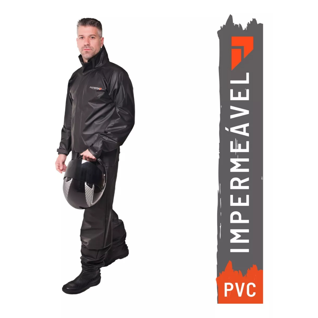 Capa De Chuva Conjunto Completo Com Gola Pioneira Preta Moto Motoqueiro De Pvc Adulto