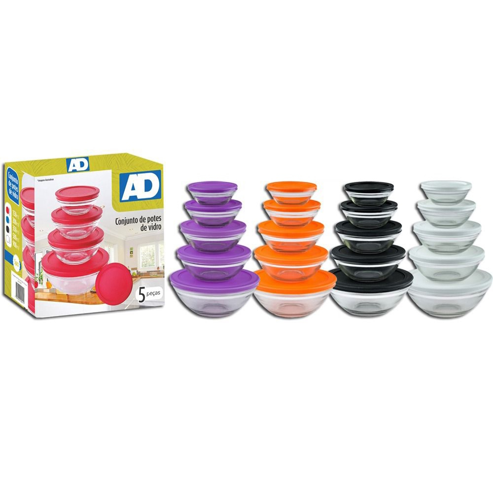 Potes de Vidro com Tampa 5 unidades Utilidade Domestica Cores Sortidas