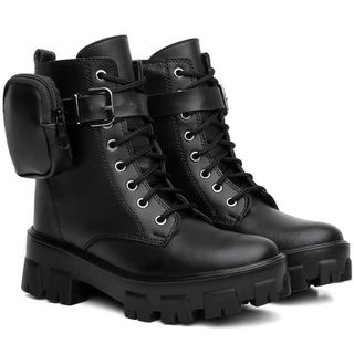 Bota Coturno Feminina Sola Tratorada Militar Casual Blogueira Plataforma Bolsinha Removível