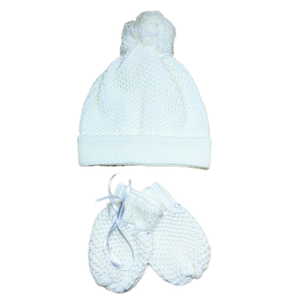 Kit Touca/Gorro , Luvas/Luvinha Algodão Recém Nascido RN até 2 Meses em Tricô de Linha Branco