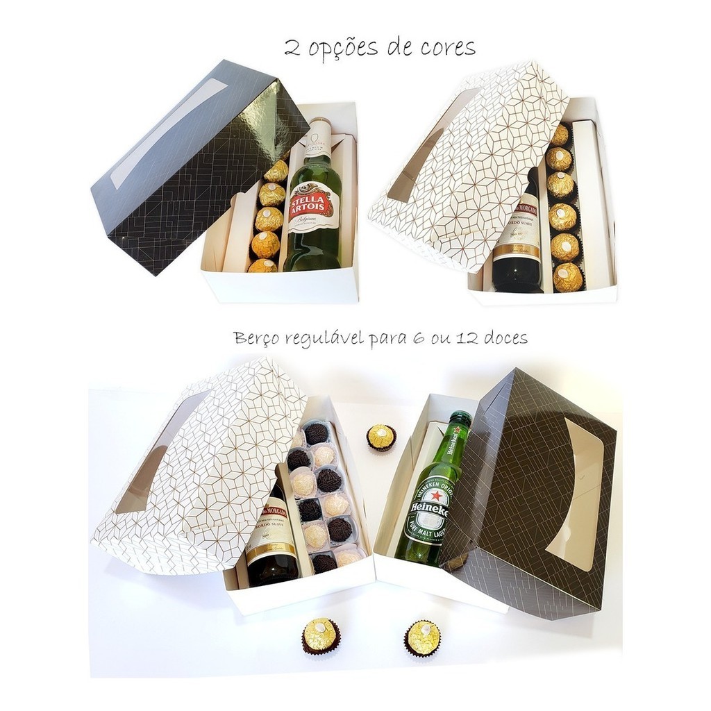 6 Caixas para long neck, mini vinho, champagne  e docinhos - Namorados e Dia dos Pais ( Branca e Preta)