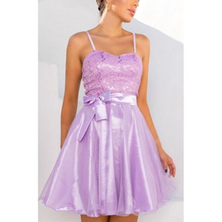 Vestido de festa curto com fita de cetim faby na cintura para debutantes formandas com brilho