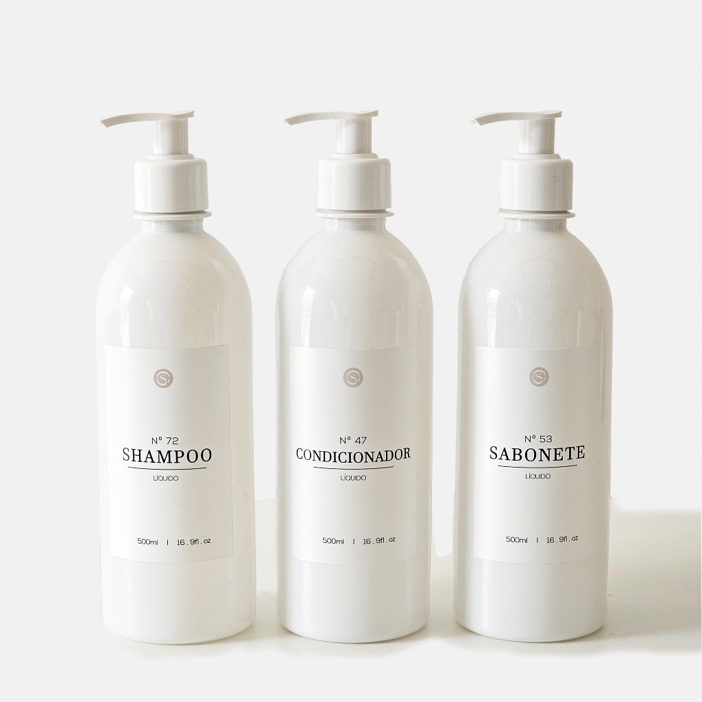 Kit Banheiro 3pçs Frascos Brancos Shampoo Condicionador Sabonete 500ml Decoração e Organização