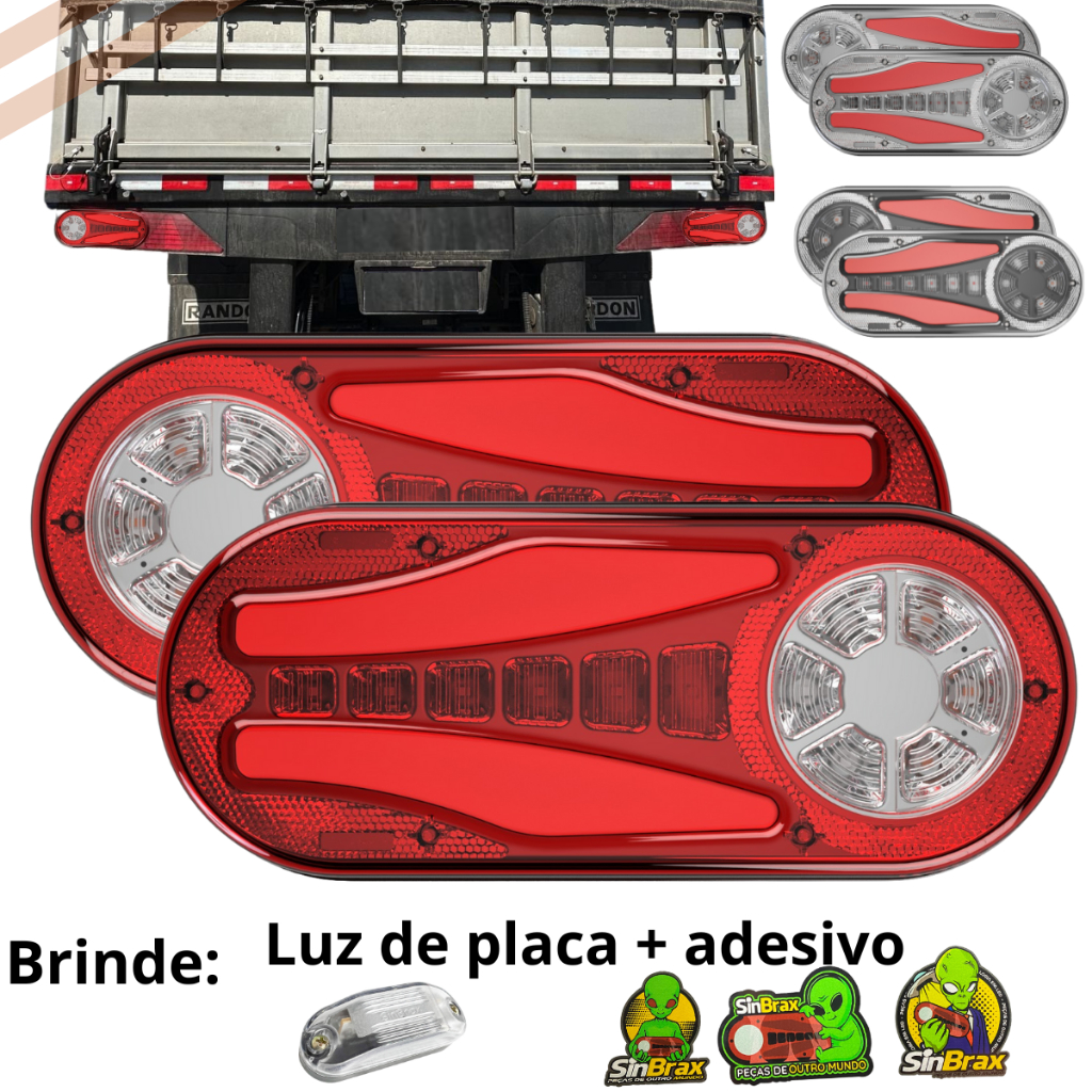 Par Lanterna Sinaleira Traseira LED Carreta Randon Bivolt + Adesivo, Luz de placa e par de Chicotes