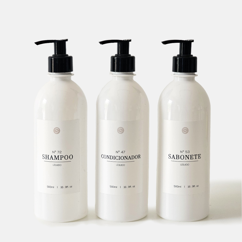 Kit Banheiro 3pçs Frascos Brancos Shampoo Condicionador Sabonete 500ml Decoração e Organiz...
