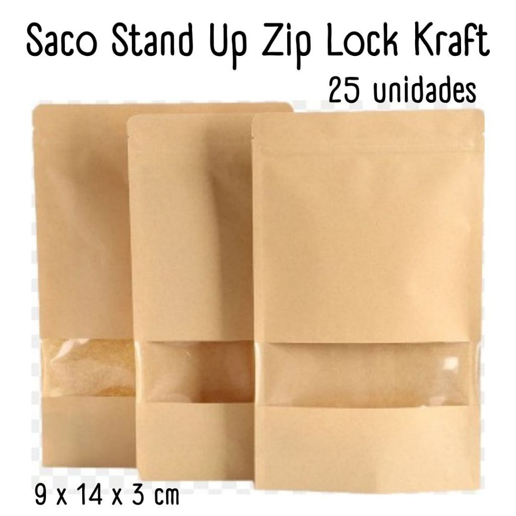Saco Stand Up Zip Lock Kraft - Saco Kraft c/ Fecho e Visor Plástico Transparente 14x9cm - 25 unidades
