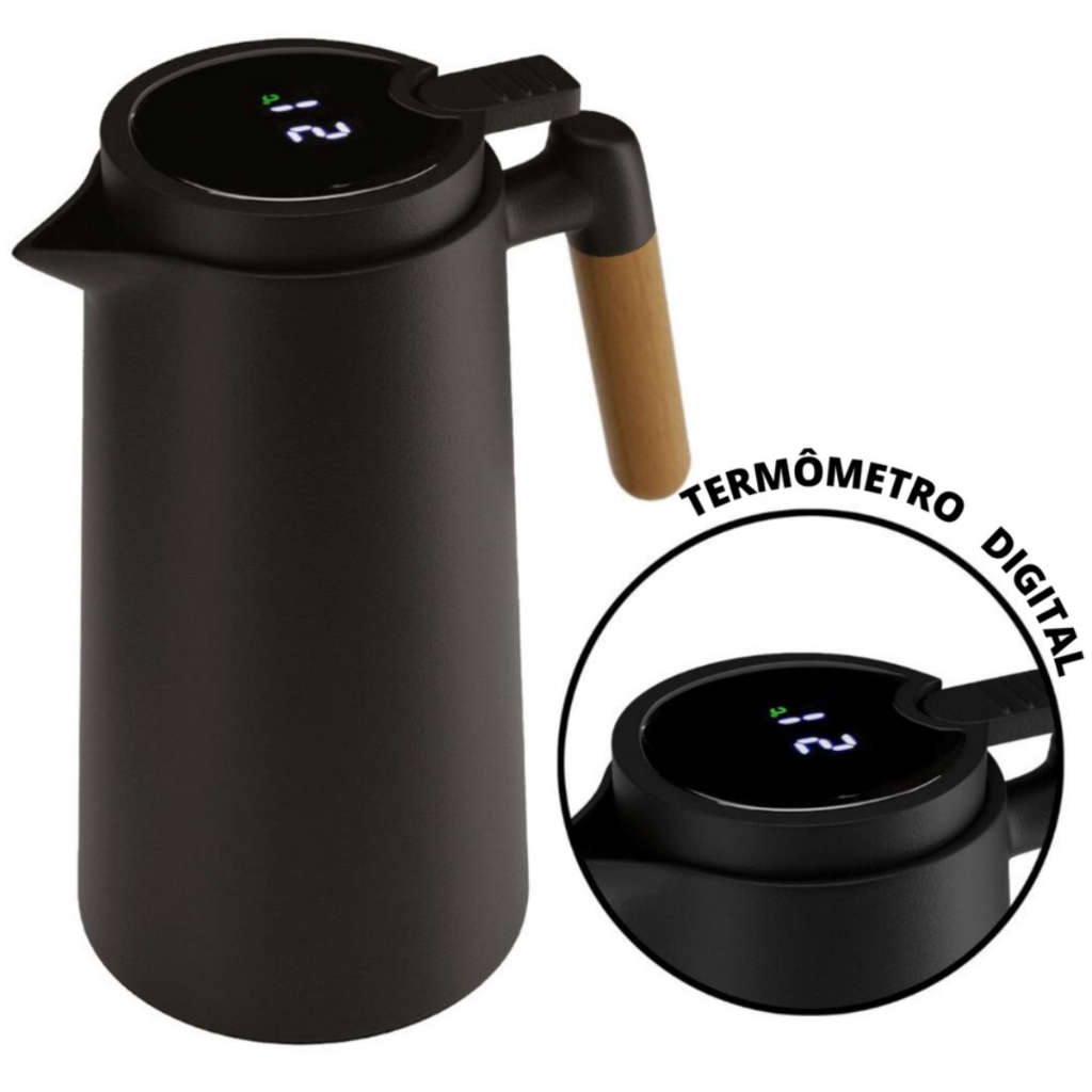 Garrafa Térmica Café com Sensor Digital 1 Litro com Cabo de Madeira Nórdica