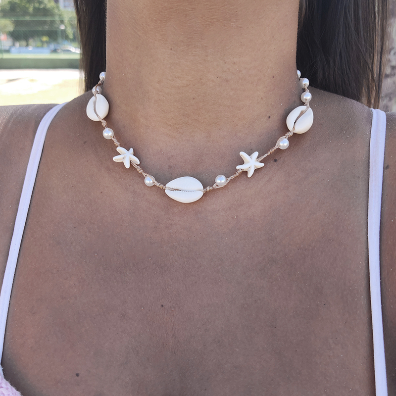 Colar choker de búzios estrelas pérolas conchas artesanal praiano feminino ajustável conchas do mar moda praia verão