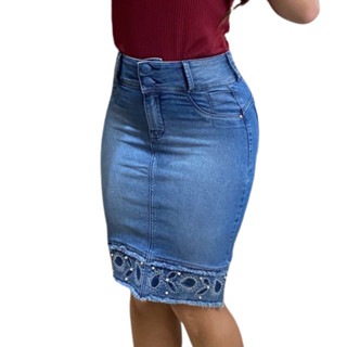 SAIA JEANS INTERMEDIARIA COM ELASTANO/LYCRA EVANGELICA BORDADA COM APLICAÇÕES EM STRASS E METAL, BOTÕES ENCAPADO, COR CLARA REF:9002