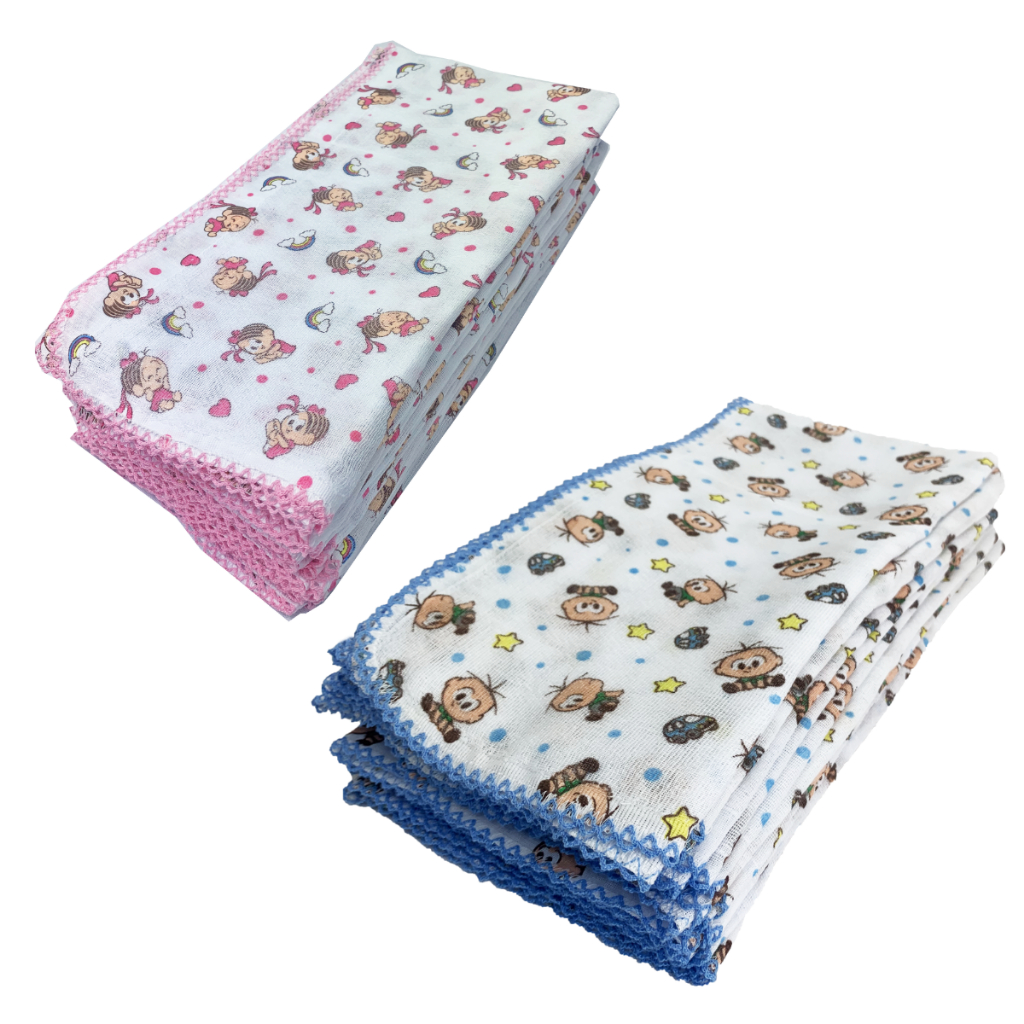 Kit 3 Fralda De Pano Estampa Turma da Mônica e Cebolinha 70x70cm Com Croche