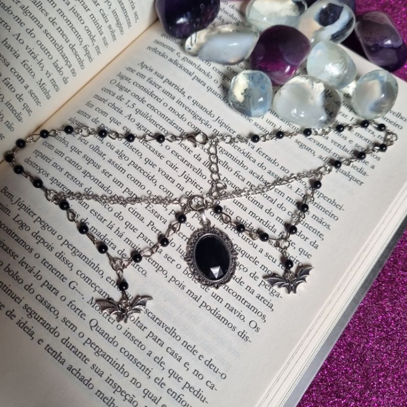 Gargantilha Camafeu Preto - gótico morcego miçanga corrente choker
