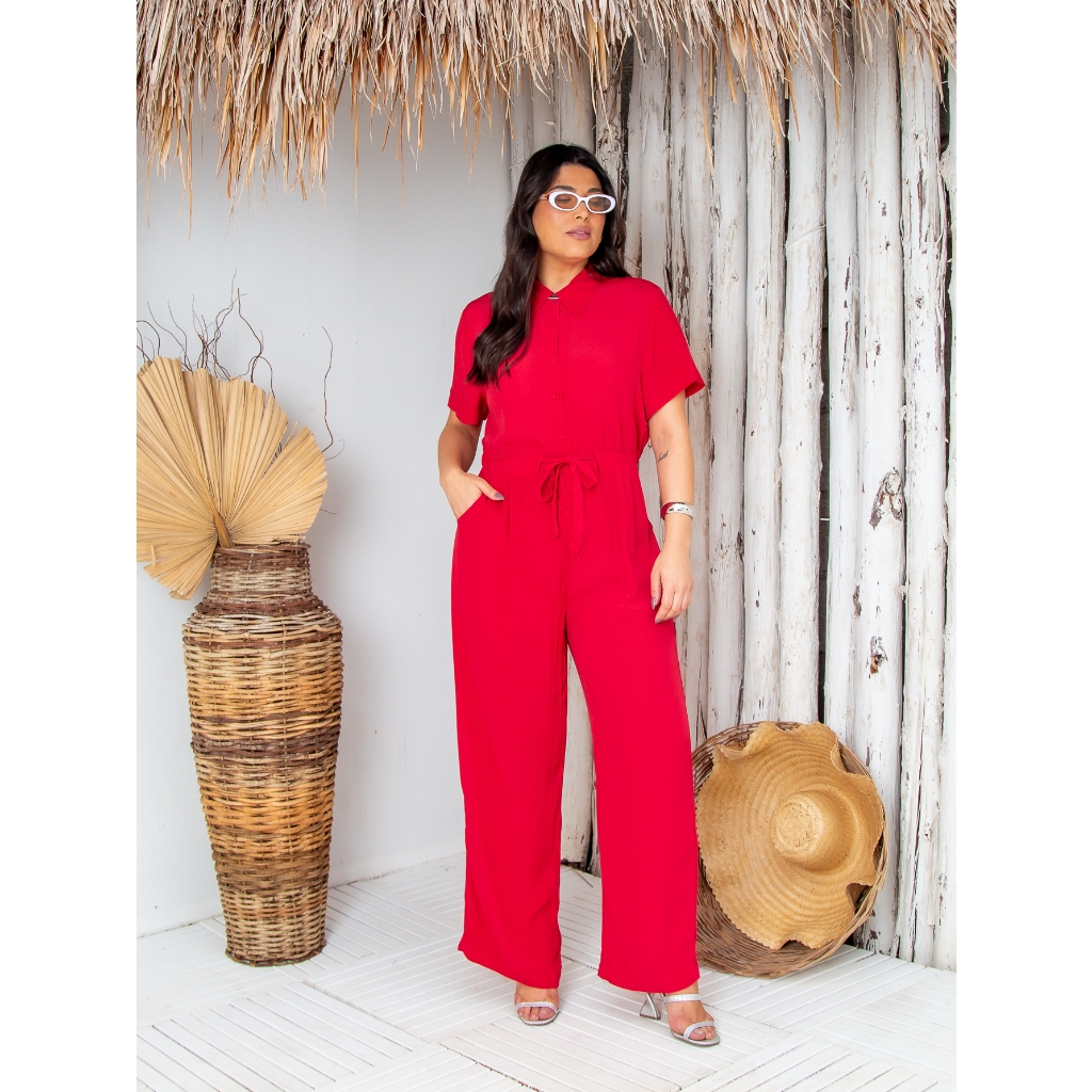 Macacão Plus Size Longo Feminino Liso com Elástico na Cintura Colarinho e Botões Linho com Viscose em Oferta na Shopee