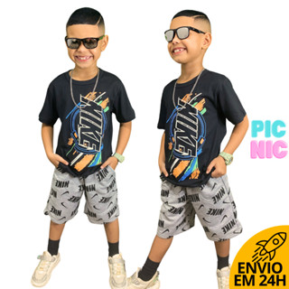 Conjunto Infantil Kit Criança Masculino Bermuda Verão + Camisa Camiseta Preto Menino Infanto Juvenil Barato Pronta Entrega