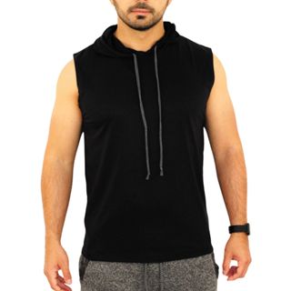 Regata Masculina Plus Size com Capuz Camiseta Cavada Touca Com Cordão Machão Slim Fitness Academia Treino Touca Com Cordão