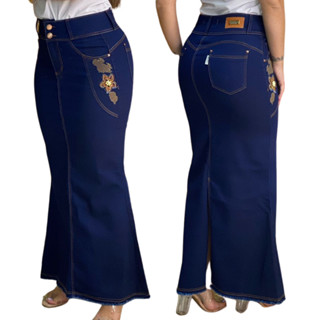 SAIA JEANS EVANGELICA LONGA BORDADA OU APENAS COM AOLICAÇÕES EM PEROLAS ESCURA, BOTÃO DOURADO, BOLSO TRASEIRO REF 5004
