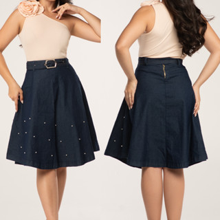 Saia Jeans Evasê Pérola Azul Moda Evangélica 7PALLAS