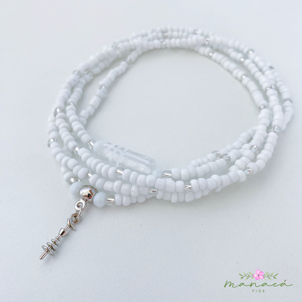 Guia de Oxalá – Fio de Conta Umbanda e Candomblé | Branca e Transparente com Firma Murano e Opaxorô Prata (60 cm)