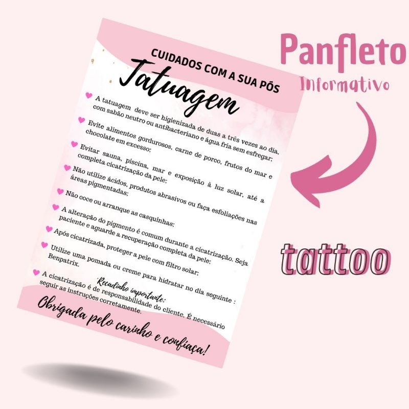 50 Panfletos Informativos Cuidados com a sua Pós Tatuagem.