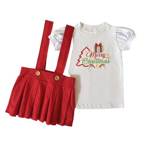 Conjunto Jardineira Saia Suspensório e Camiseta Infantil bordada NATAL  para Bebê de Malha Menina Feliz Natal MERRY CHRISTIMAS 100% algodão - PRONTA ENTREGA