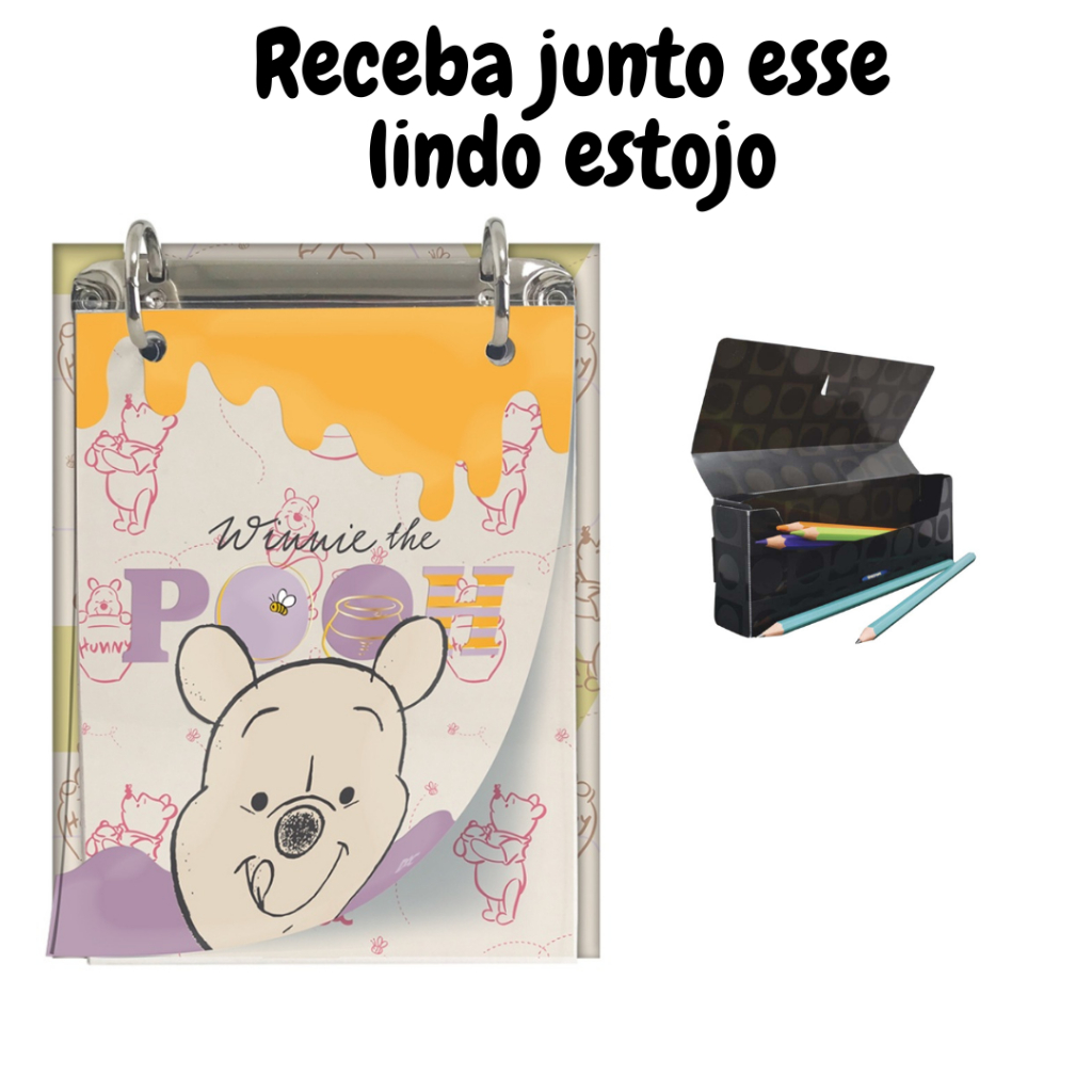 Mini Fichário/Caderno Argolado Disney Pooh + Estojo Vision Preto Dac