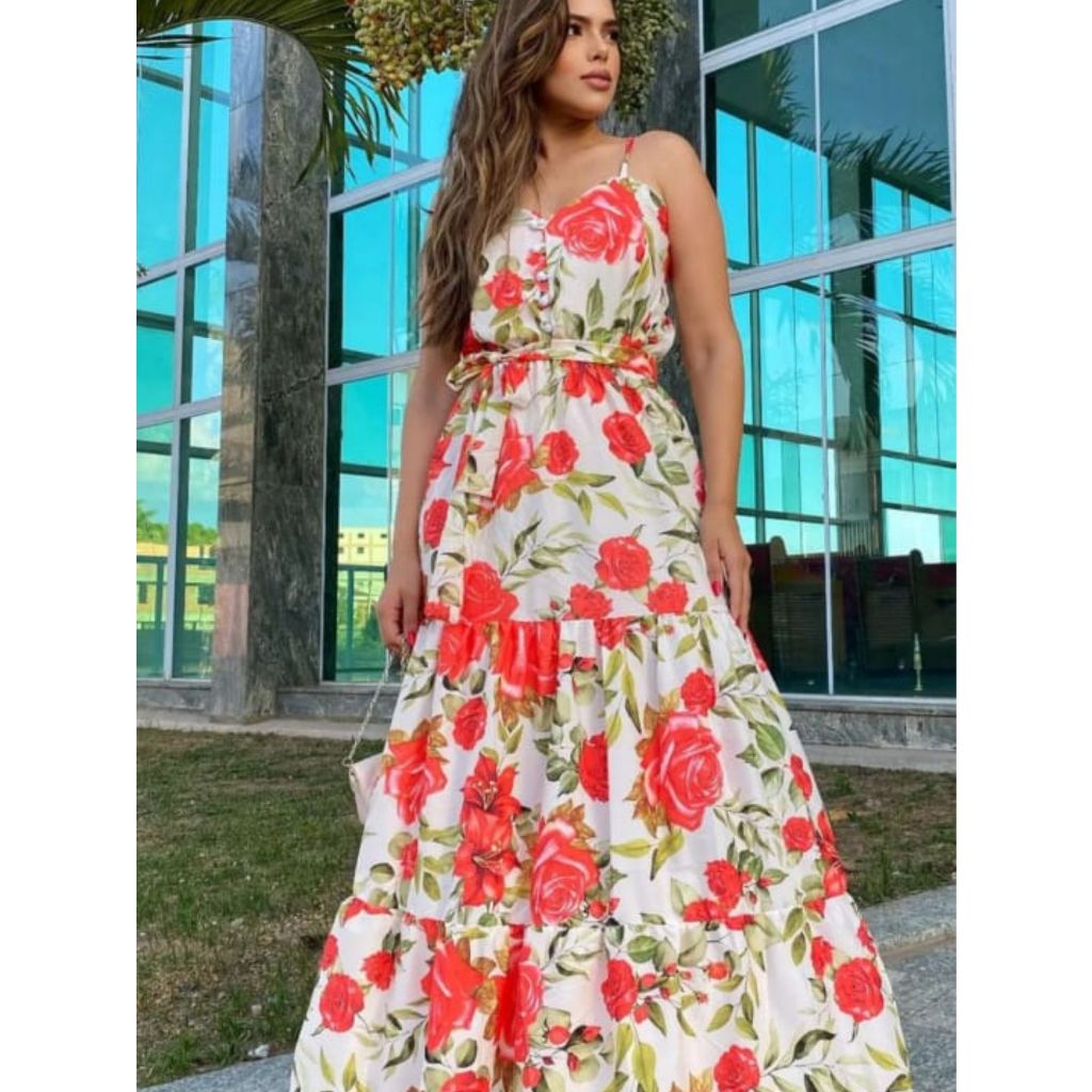 Vestido longo rodado floral com amarração na cintura Paloma