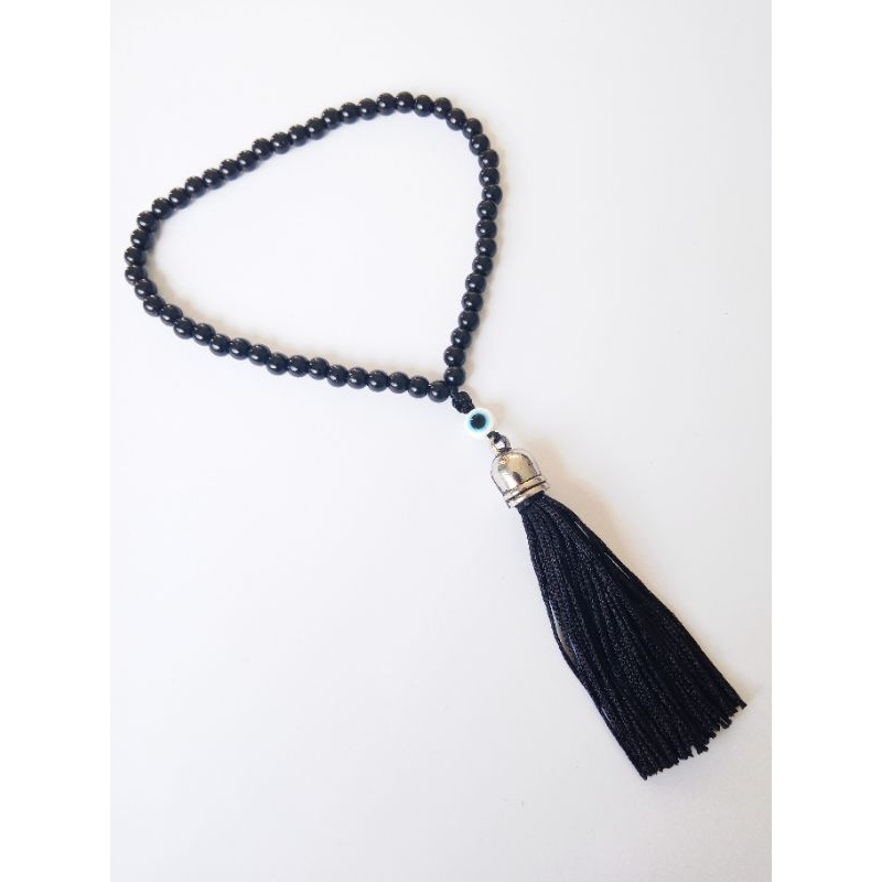 Imagem Japamala 54 Contas Pérola Negra Com Meru Olho Grego Branco 6MM Rosário Budista Ref:264